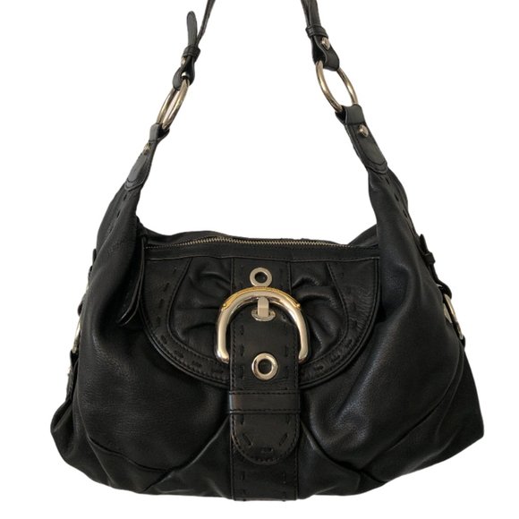 B Makowsky Black Leather Front Buckle Hobo Satchel - Picture 4 of 5